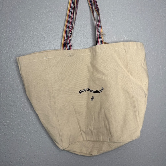 NWT Poshmark "Shop Secondhand " tote bag cream color with/rainbow striped straps - Picture 1 of 7